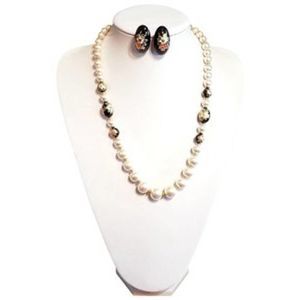 Faux Pearl Stenciled Beads String 24" & Matching Stud Earring Set